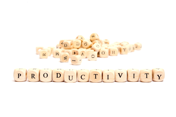word with dice on white background- productivity